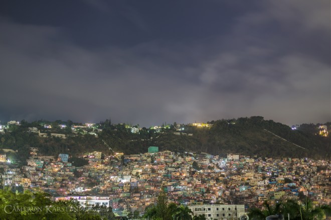 A view of the Port-au-Prince slum Jalousie, just above the affluent neighborhood of Petionville. Visible walls within the slum were painted a rainbow of colors to make the hillside more beautiful for Petionville residents.